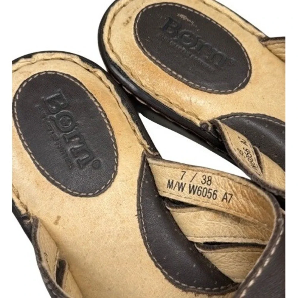Born Brown Leather Woven Wedge‎ Slide Sandals Womens Size 7